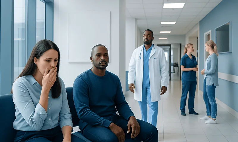 Patients waiting in a hospital corridor with medical staff nearby.