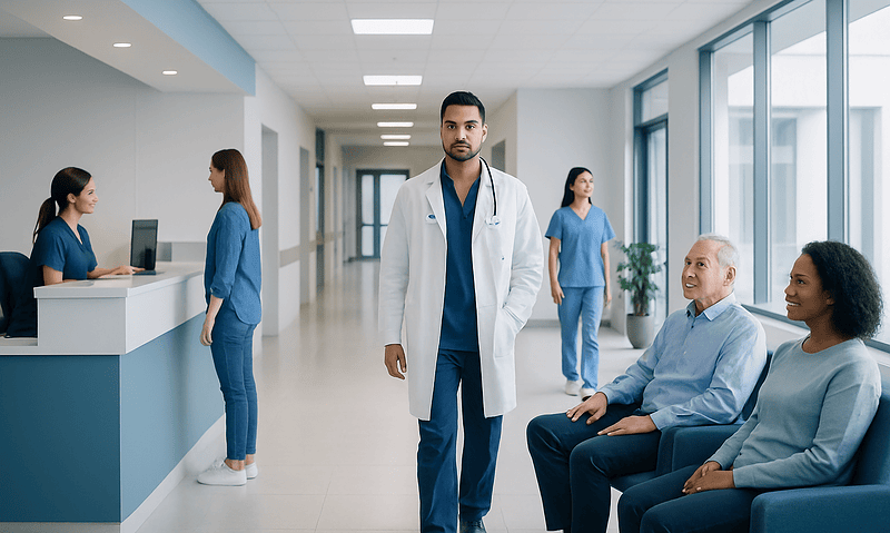 Healthcare professionals and patients in a modern hospital corridor.