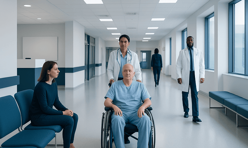 Hospital corridor with medical staff and patient in wheelchair.