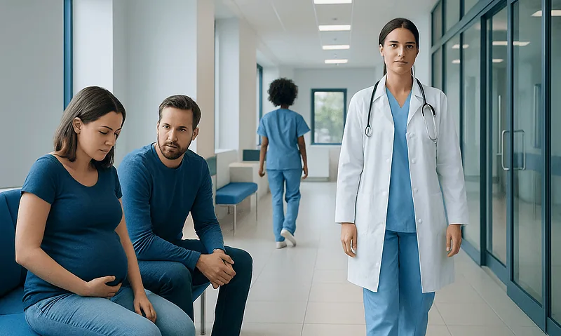 Hyperemesis Gravidarum: A Complete Medical Overview 14 Pregnant woman consulting with a doctor in a hospital corridor.
