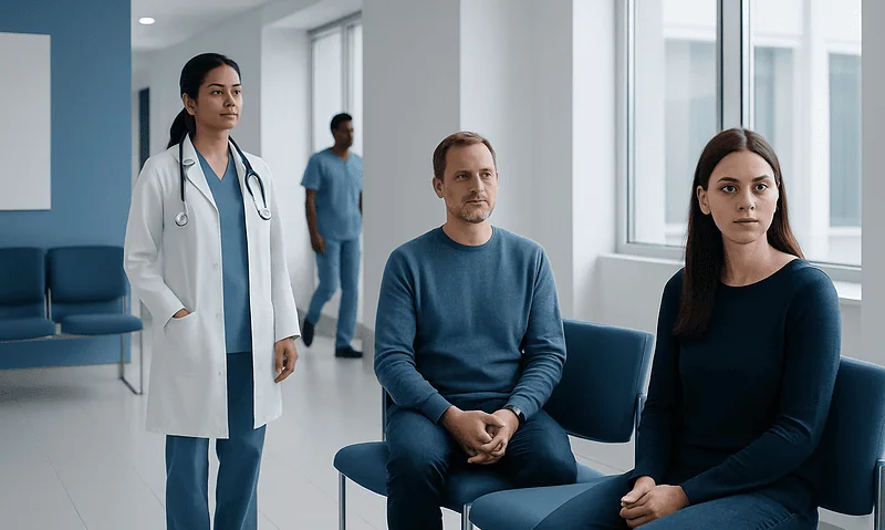 Patients waiting in a hospital corridor with medical staff nearby.