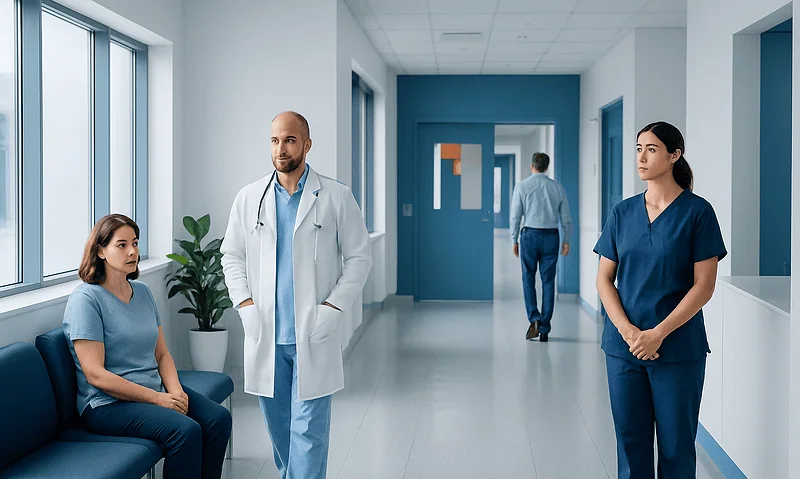Medical staff and patient in hospital corridor at Acibadem Hospitals Group.