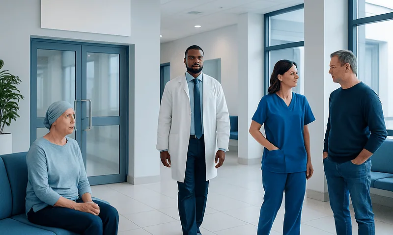 Medical team consulting patient in hospital corridor at Acibadem Hospitals Group.