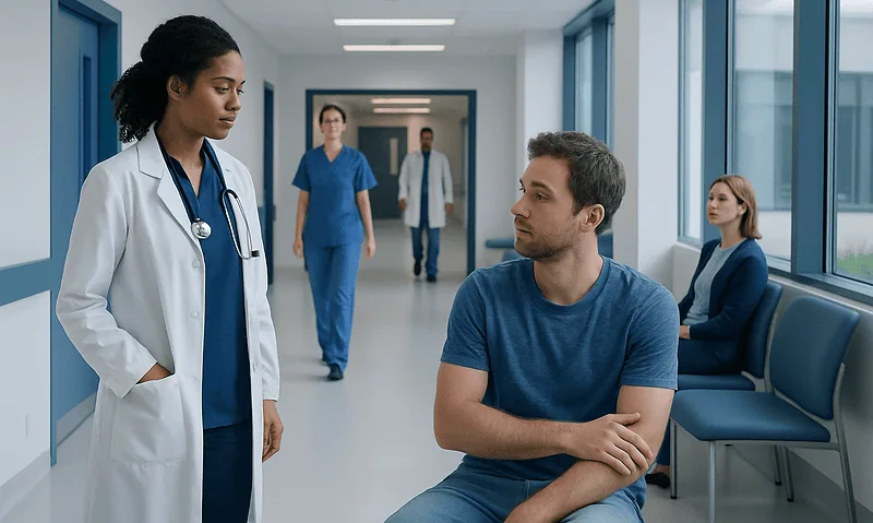 Bee Sting: What Patients Need to Know 5 Doctor talking to a patient in a hospital corridor at Acibadem Hospitals Group.