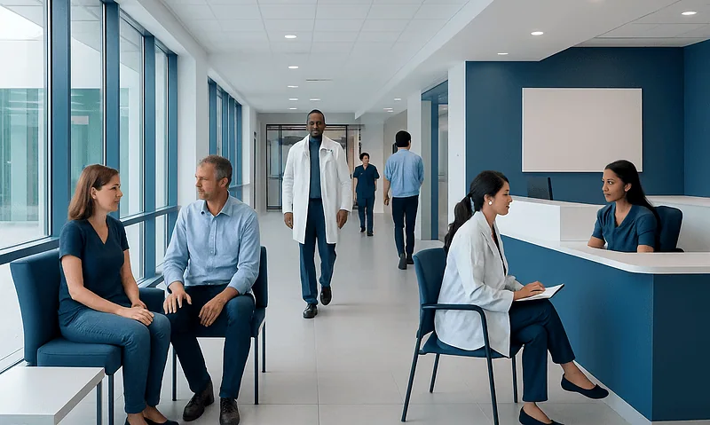 Modern hospital waiting area with patients and medical staff.
