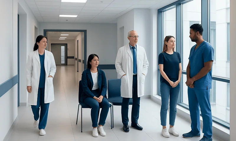 Medical team having a discussion in hospital corridor with large windows.