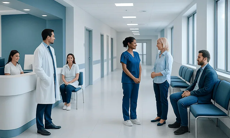 Medical consultation in a hospital corridor with healthcare professionals and patients.