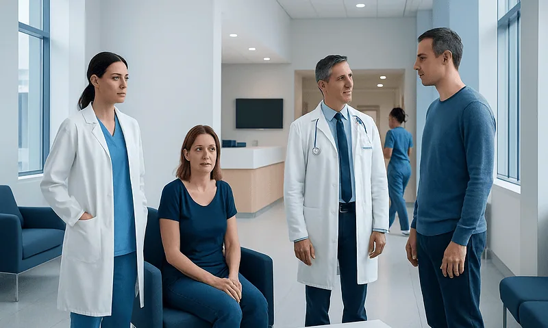 Medical consultation in a hospital with doctors and patient.