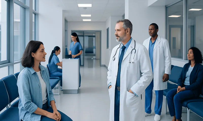 Medical team consulting patient in hospital corridor at Acibadem Hospitals.
