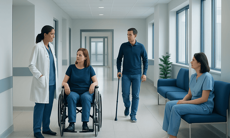 Hospital corridor with medical staff and patients, including a woman in a wheelchair.