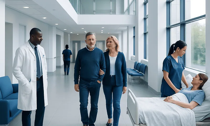 Patients and medical staff in a modern hospital corridor with a patient in bed.