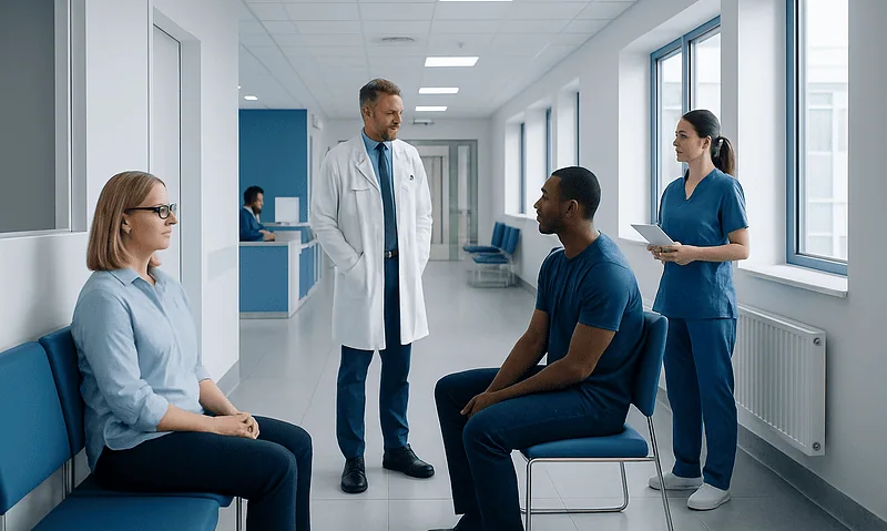 Medical consultation in hospital corridor with healthcare professionals and patient.