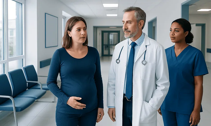 Pregnant woman consulting with doctor and nurse in hospital corridor.