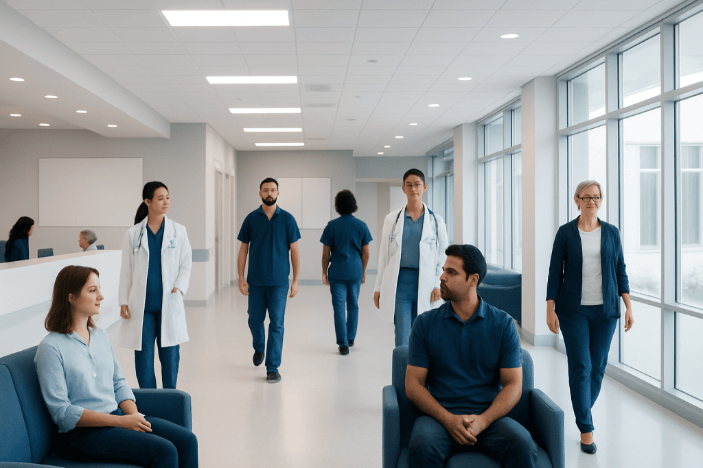 Dicyclomine: A Complete Medical Overview 1 Medical team in hospital corridor with patients and staff at Acibadem Hospitals Group.
