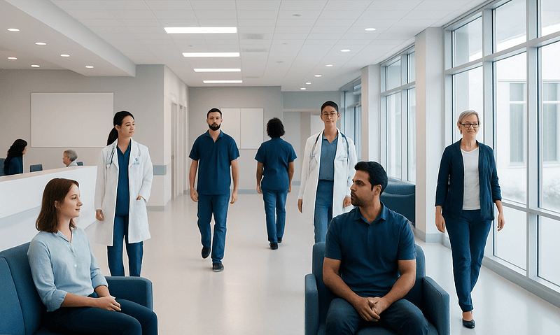 Medical team in hospital corridor with patients and staff at Acibadem Hospitals Group.