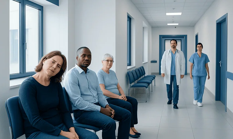 Patients waiting in a hospital corridor with medical staff approaching.