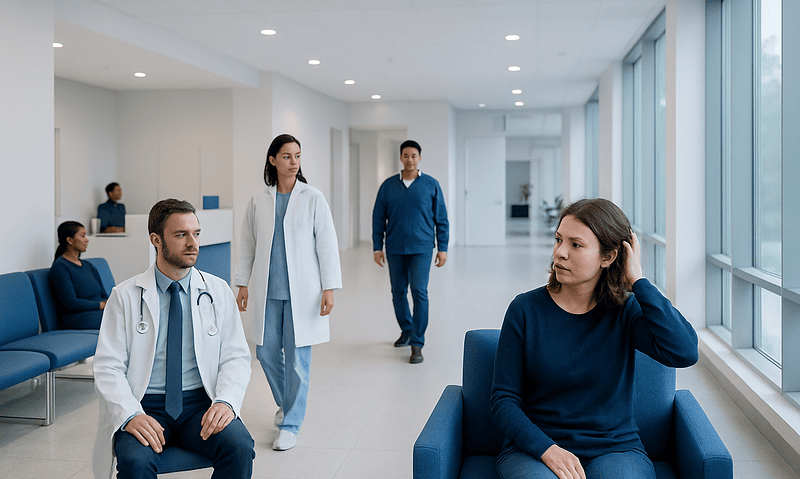 Patients waiting in a hospital corridor with medical staff nearby.