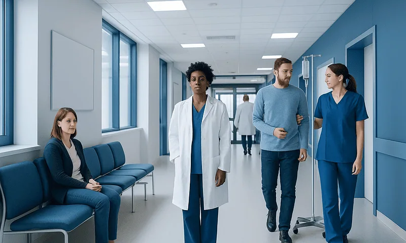 Medical professionals and patient in hospital corridor at Acibadem Hospitals Group.