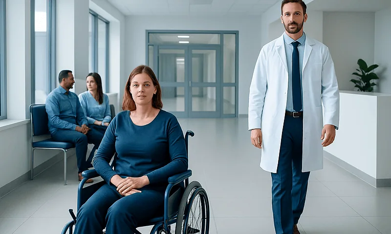 Medical consultation with a female patient in a wheelchair and healthcare professionals.