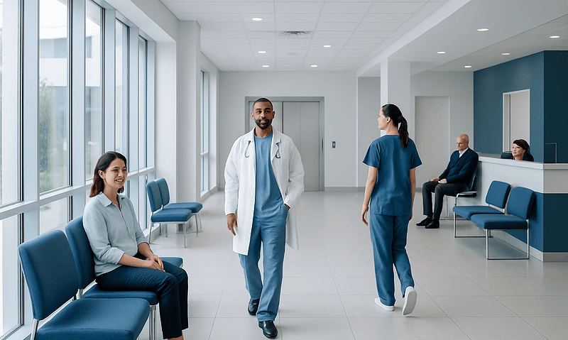 Medical professionals and patients in a modern hospital waiting area.