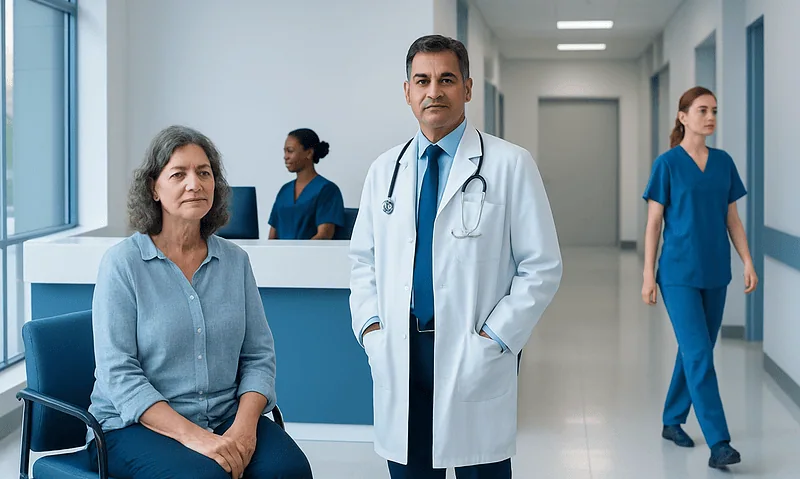 Medical consultation with doctor and patient in hospital corridor.
