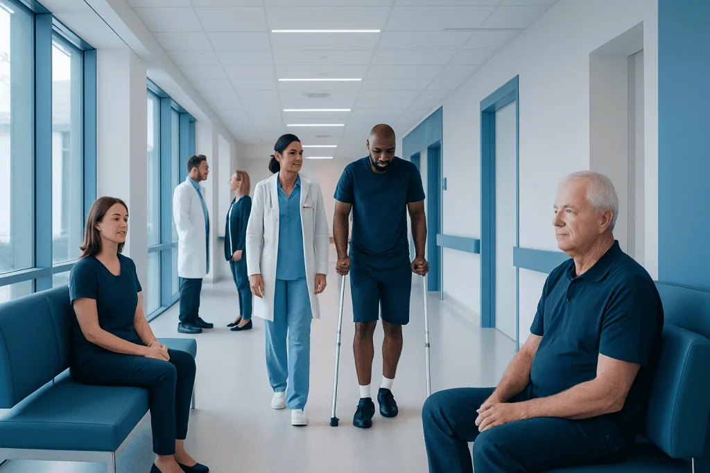 Toenail Fungus: An Evidence-Based Guide for Patients 1 Patient with crutches in hospital corridor with medical staff and other patients.