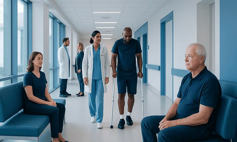 Patient with crutches in hospital corridor with medical staff and other patients.