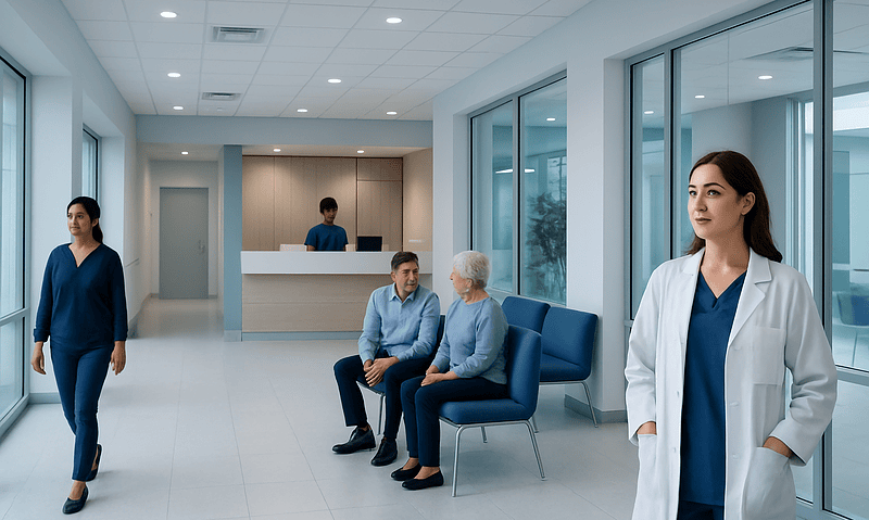Modern hospital waiting area with medical staff and patients.