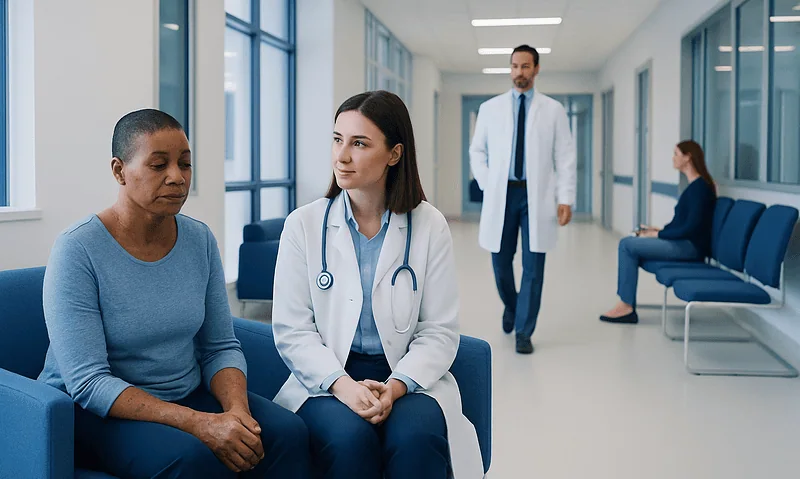 Doctor consulting patient in hospital corridor with staff in background.