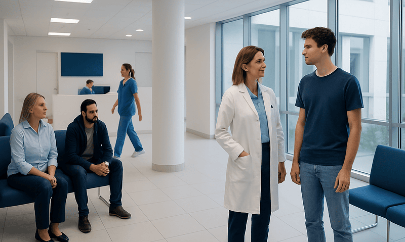Medical consultation at Acibadem Hospital with doctor and patient in waiting area.