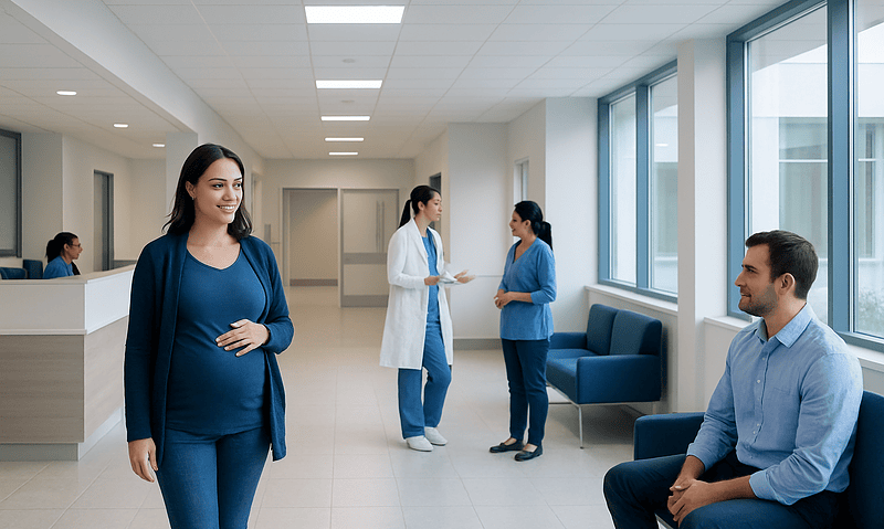 Pregnant woman in hospital corridor with medical staff and waiting area.