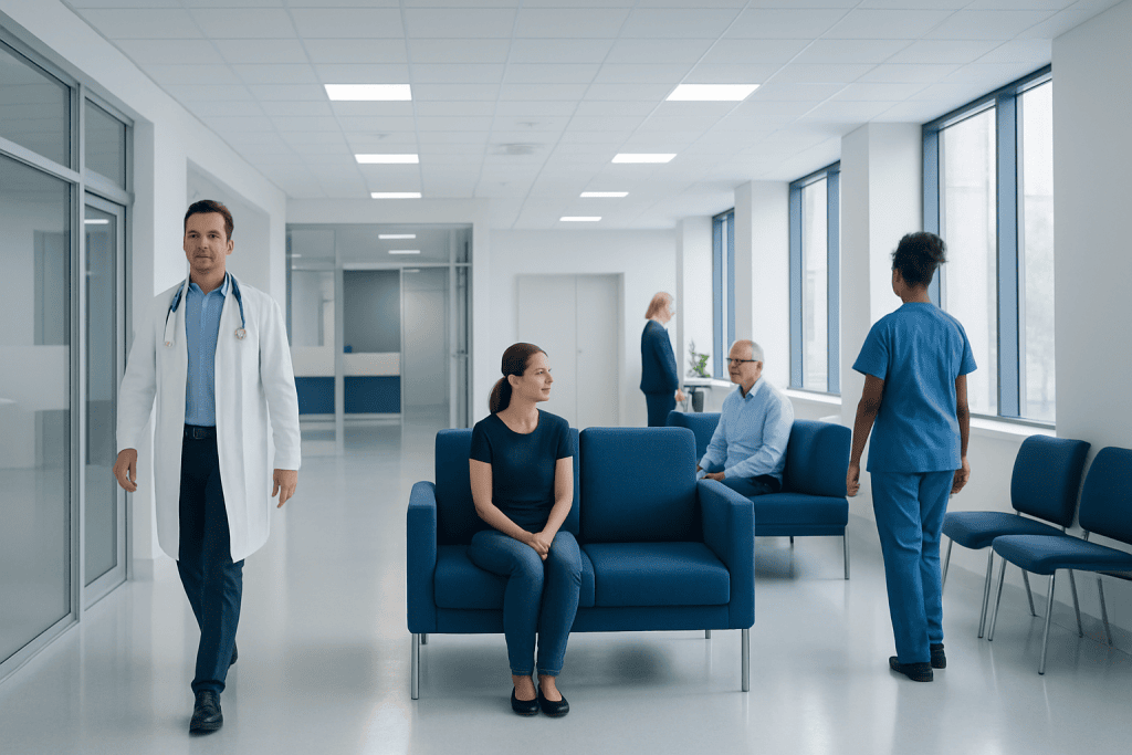 Wasp Sting — Explained by Medical Evidence, Not Myths 1 Modern hospital waiting area with medical staff and patients.