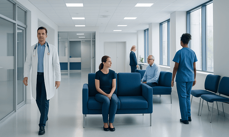 Modern hospital waiting area with medical staff and patients.