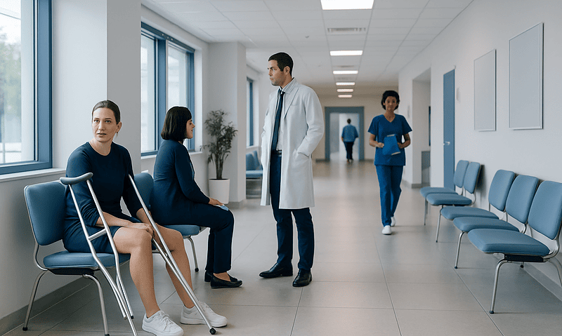 Patients waiting in a hospital corridor with a doctor and nurse present.