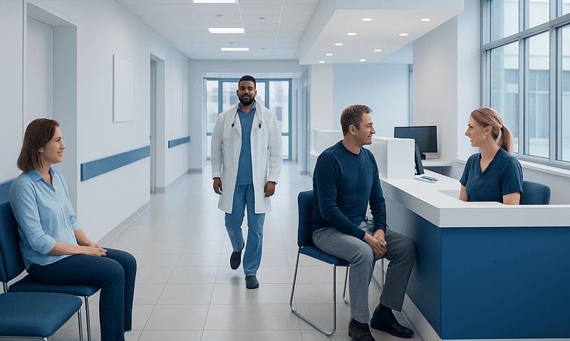 Medical consultation at Acibadem Hospital with doctor and patients.