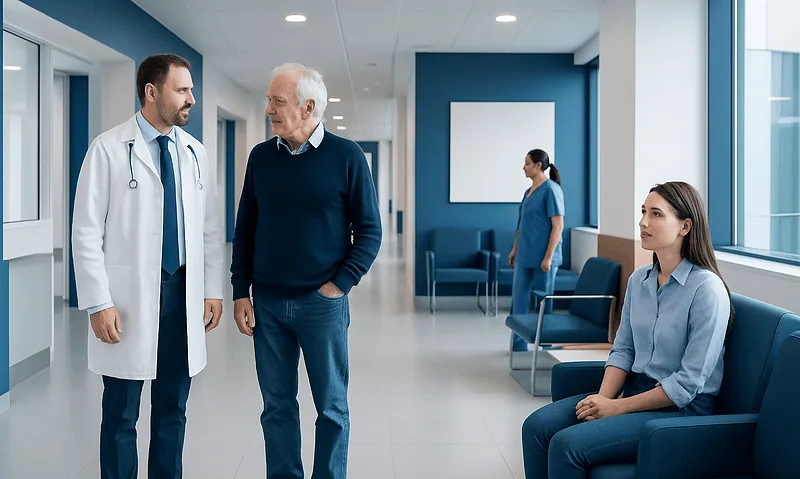 Doctor consulting with an elderly patient in a hospital corridor.
