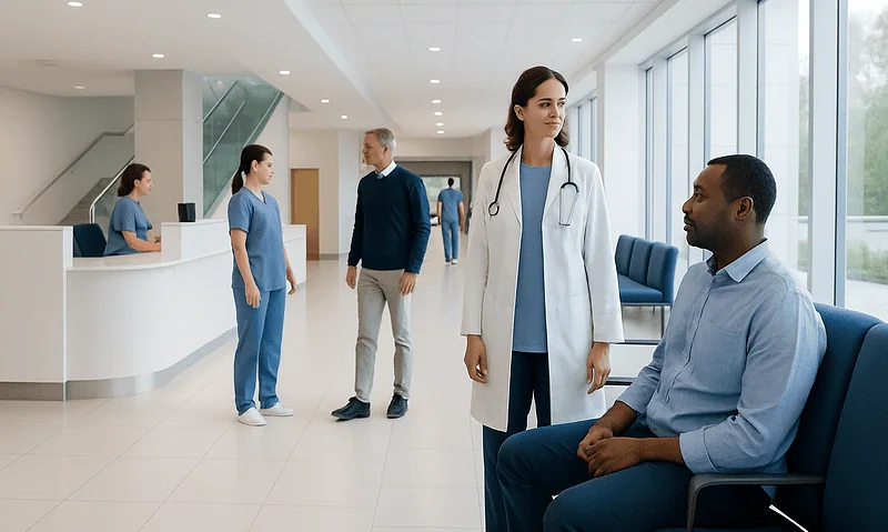 Healthcare professionals and patient in a modern hospital lobby.