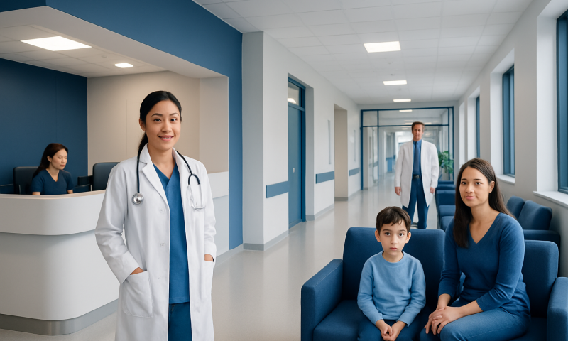Hospital corridor with medical staff and a young patient with family.
