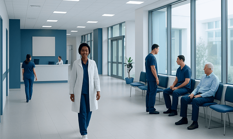 Healthcare professionals in a modern hospital waiting area with large windows.
