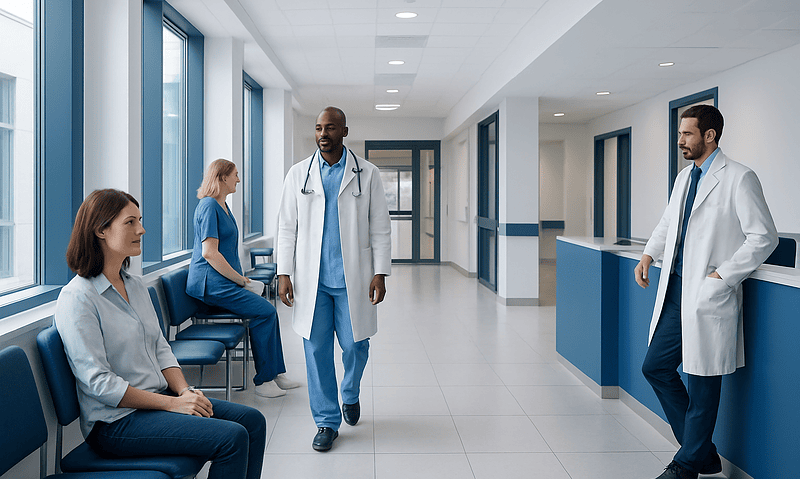 Medical team consulting patients in a modern hospital corridor.