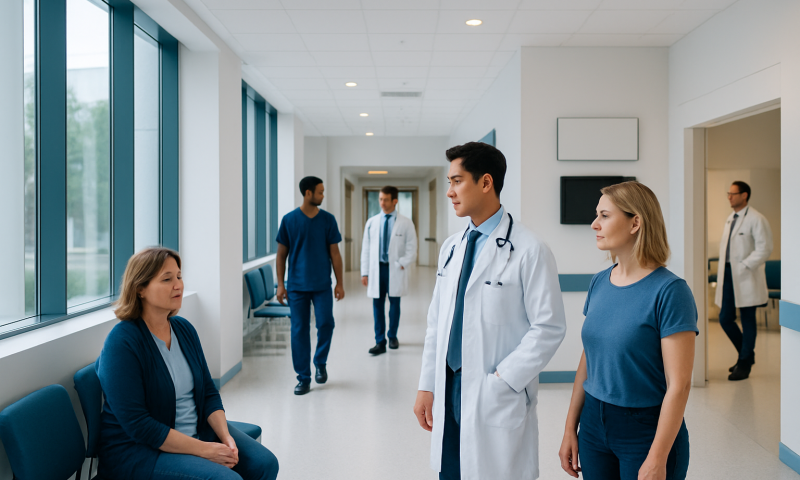 Medical team consulting patient in hospital corridor for brain aneurysm care.