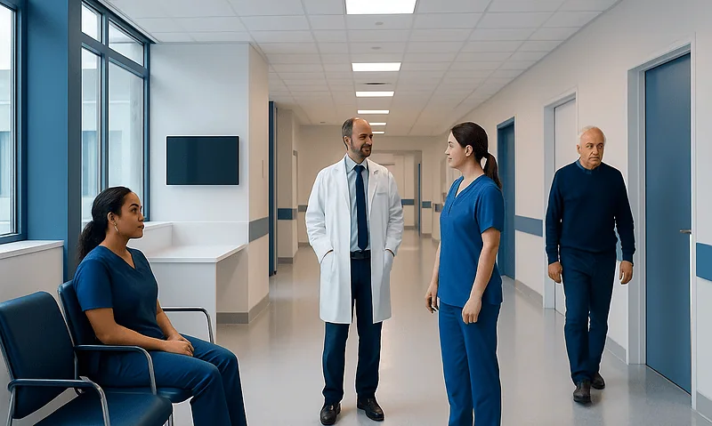 Medical team consulting in hospital corridor with patient and staff.