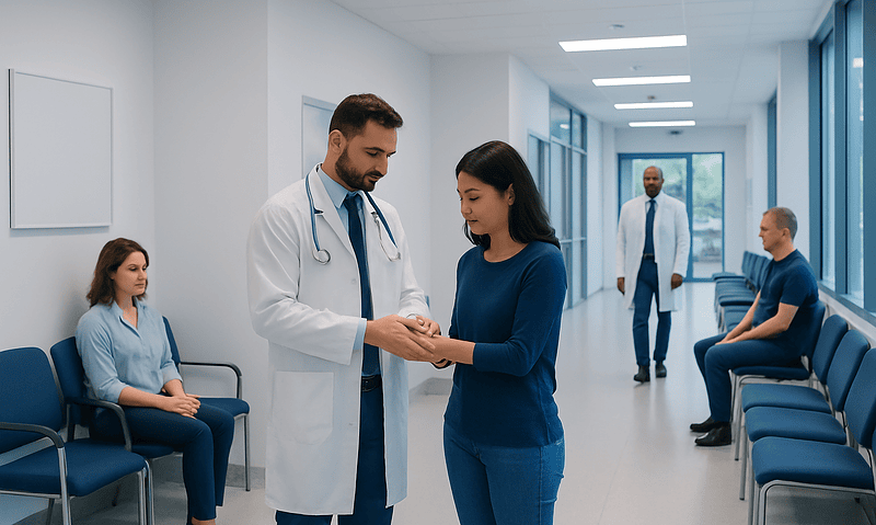 Doctor consulting with a patient in a hospital corridor.