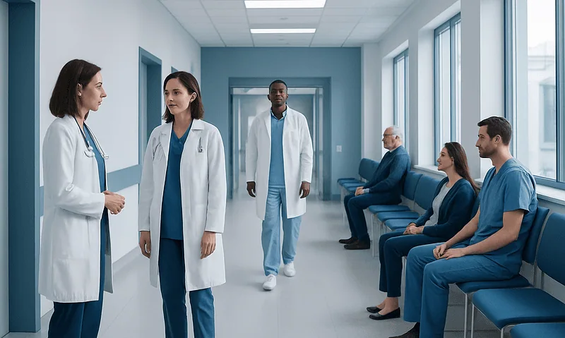 Medical team consulting patients in hospital corridor.