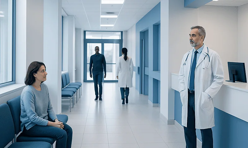 Patient waiting in hospital corridor with medical staff nearby.