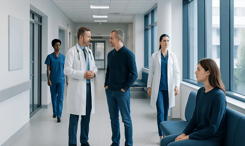 Medical team discussing patient care in hospital corridor.