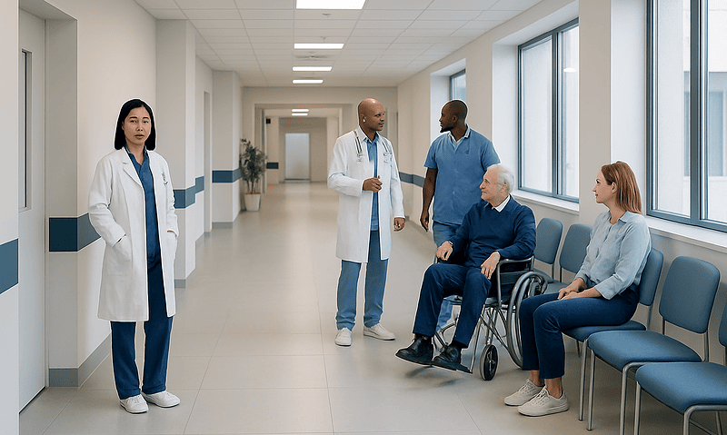 Medical staff consulting with elderly patient in hospital corridor.