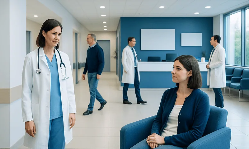 Healthcare professionals and patient in a modern hospital lobby.
