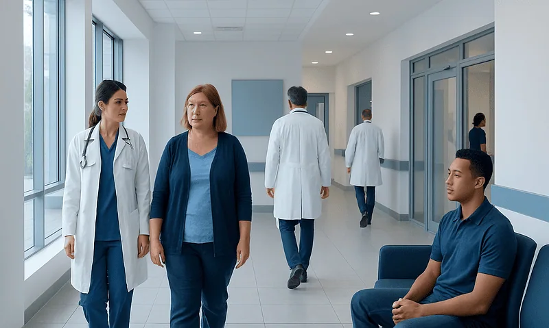 Medical professionals and patient in a hospital corridor at Acibadem Hospitals Group.