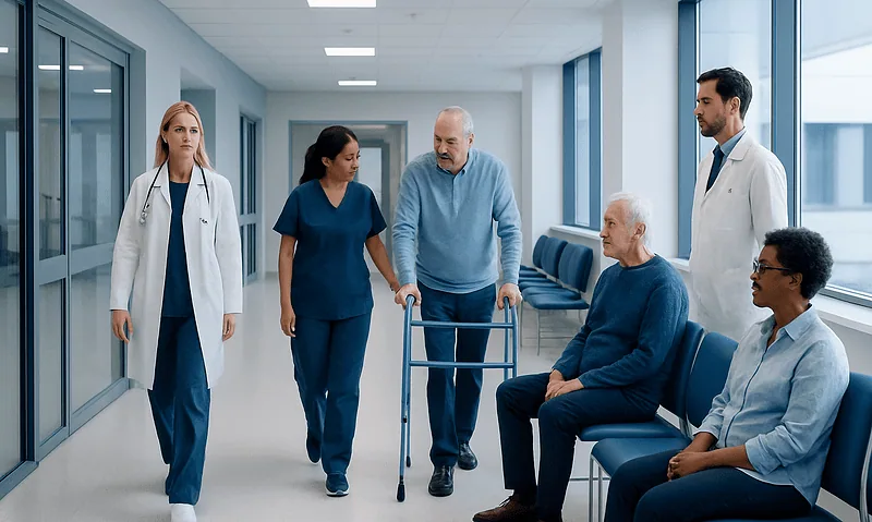 Hospital staff assisting elderly patient in a modern healthcare facility.